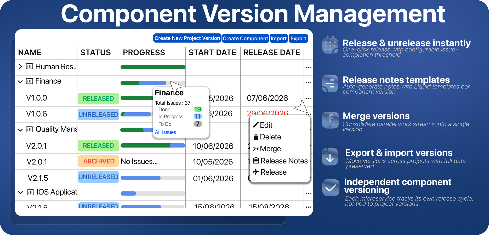 Define which versions are valid for which component.