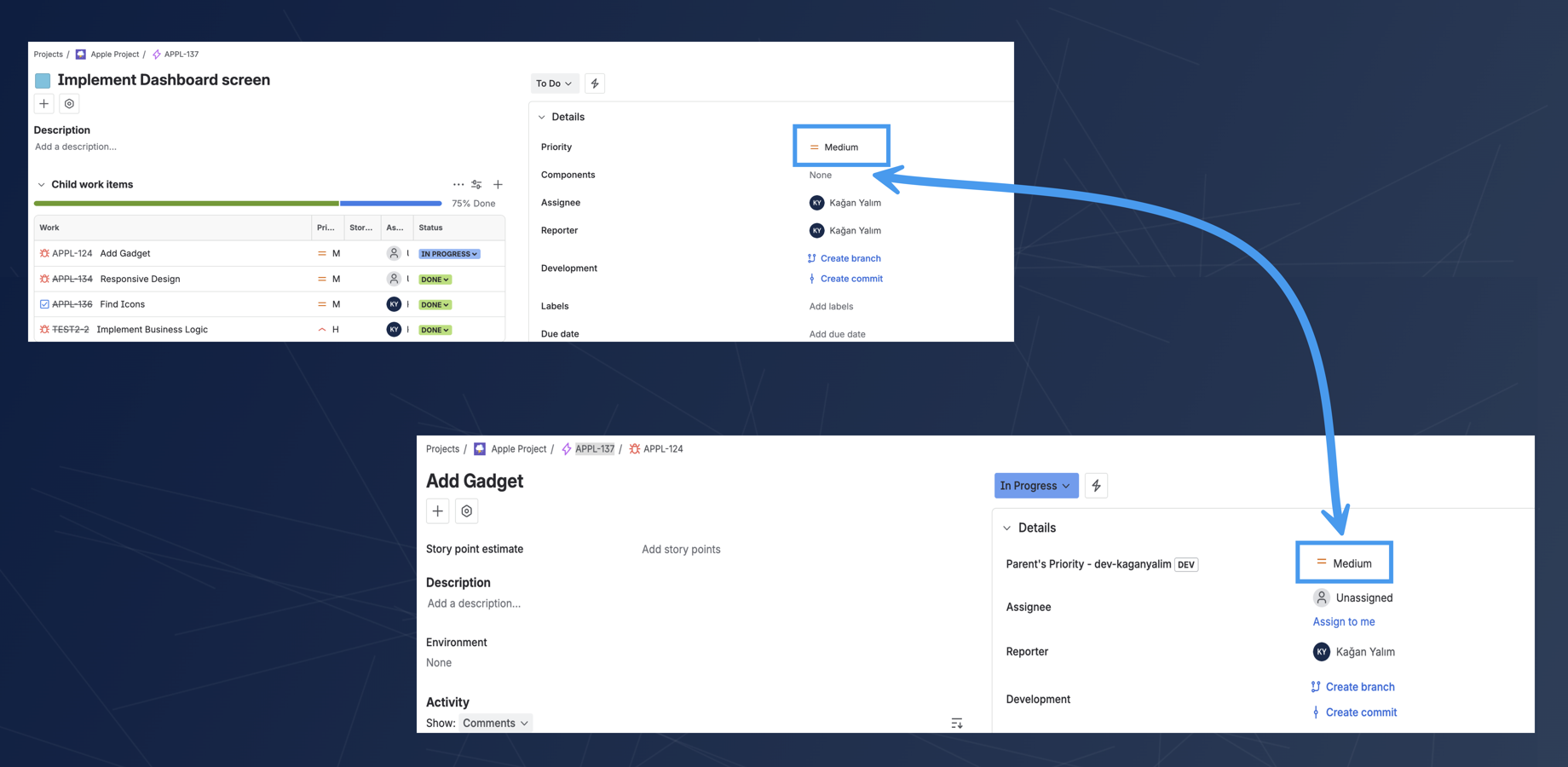 Keep your team focused on what matters most by displaying the parent issue's priority on all its children. This direct visibility ensures that every task's importance is understood in the context of the larger goal.