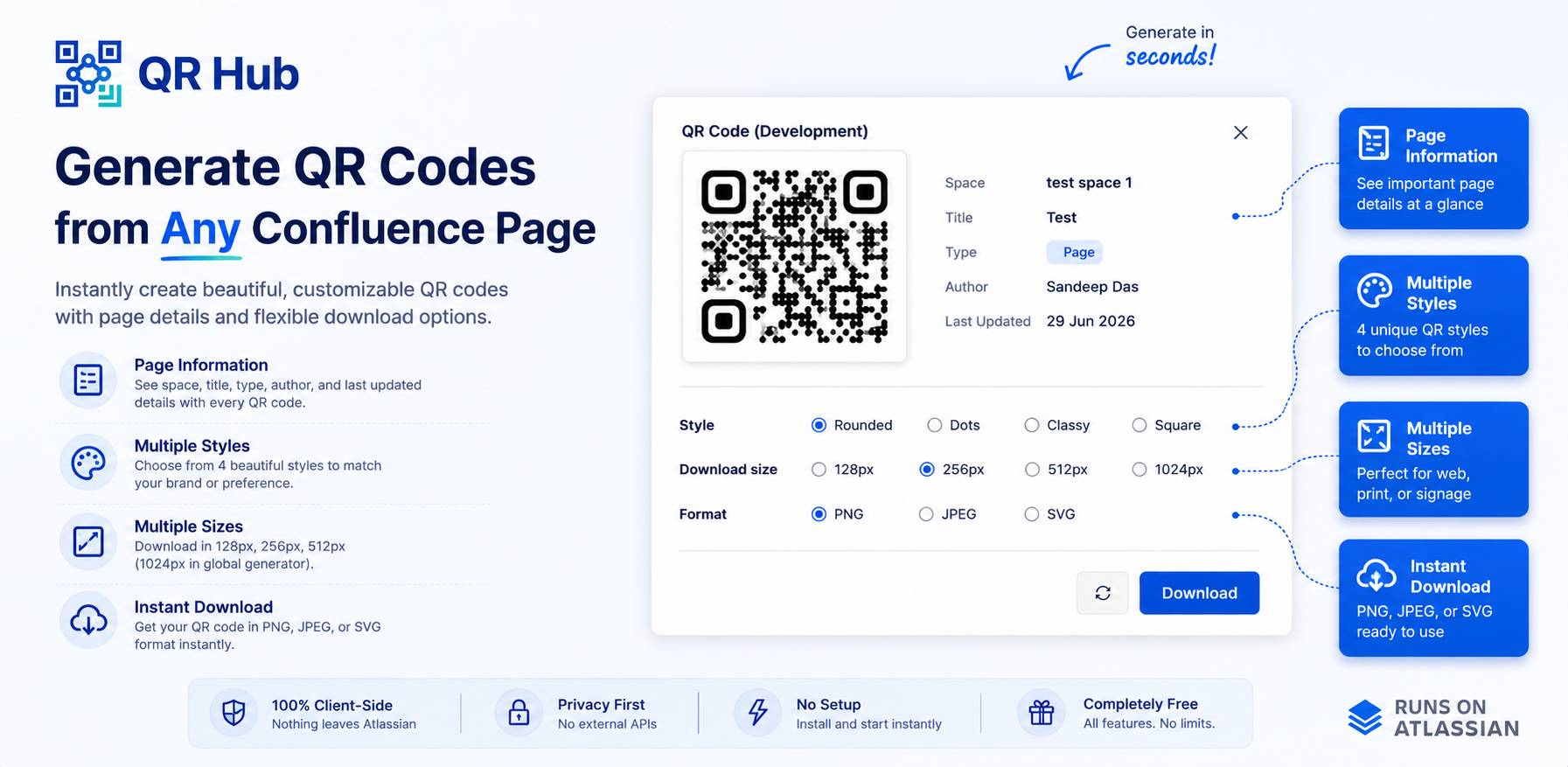 Generate QR codes directly from any Confluence page