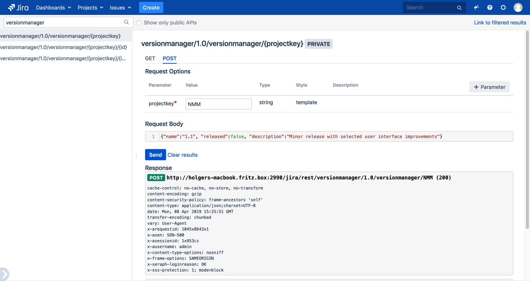 API to manage versions