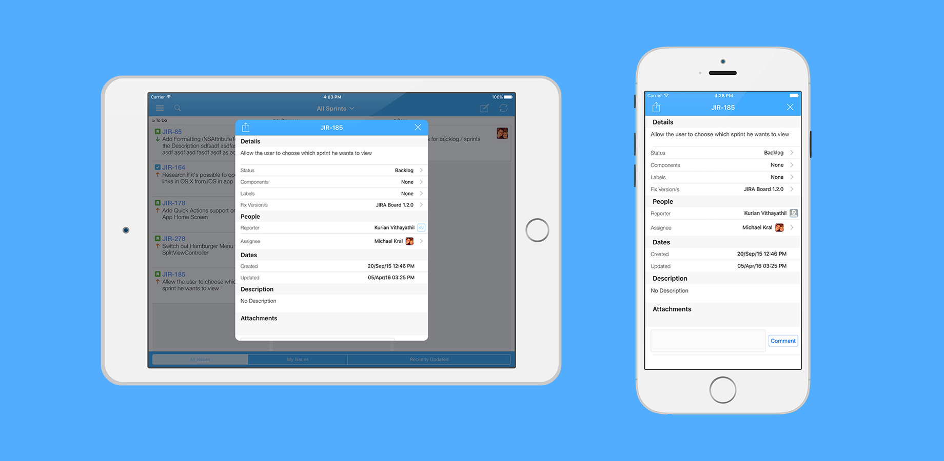 - Scrum and Kanban agile boards supported, including custom workflows
- Set assignees, components, and labels
- Comment on tickets
- Compose new tickets
- Rank tickets
- Transition tickets