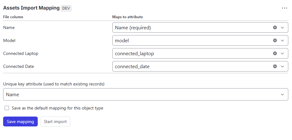 The mapping panel inside a Jira Service Management ticket, with every CSV column mapped to an Assets attribute and the unique key selected.