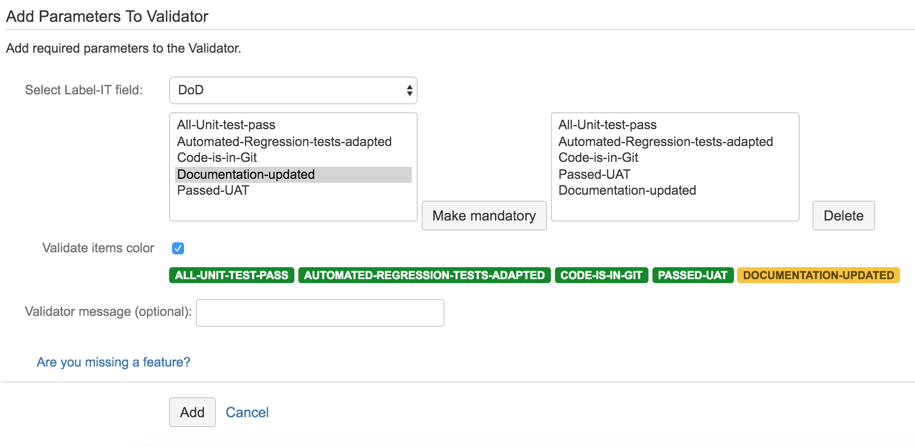 The Label Manager Validator checks if the selected items have been selected from the list and have been set to the expected color.