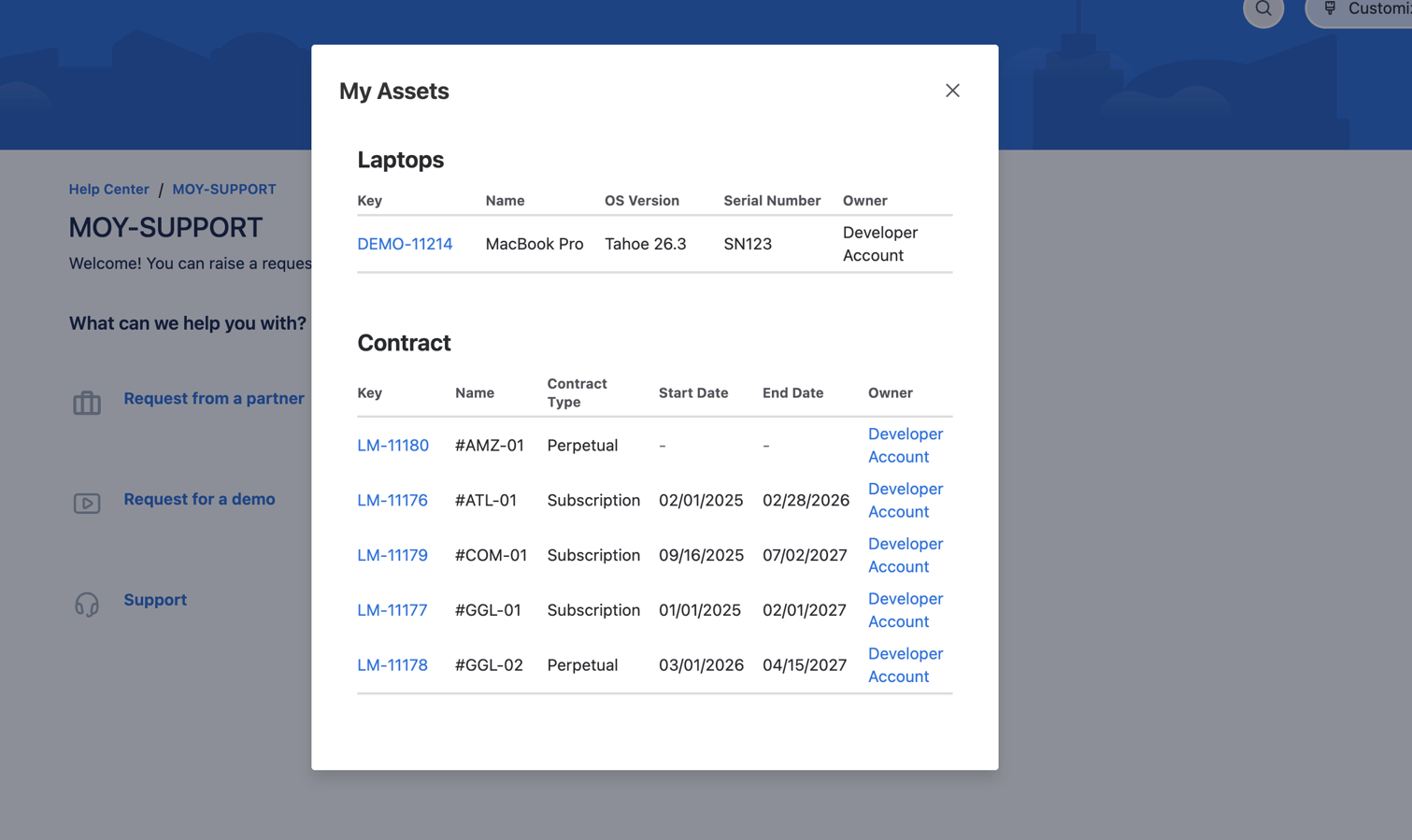 Users see only their assigned assets in a structured portal view, with flexible configuration per schema and object type.