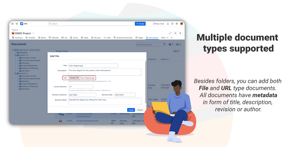 Adding a document of type "File". It consists in a file that you upload, plus data about that file (Title, Description, Revision Number, etc).