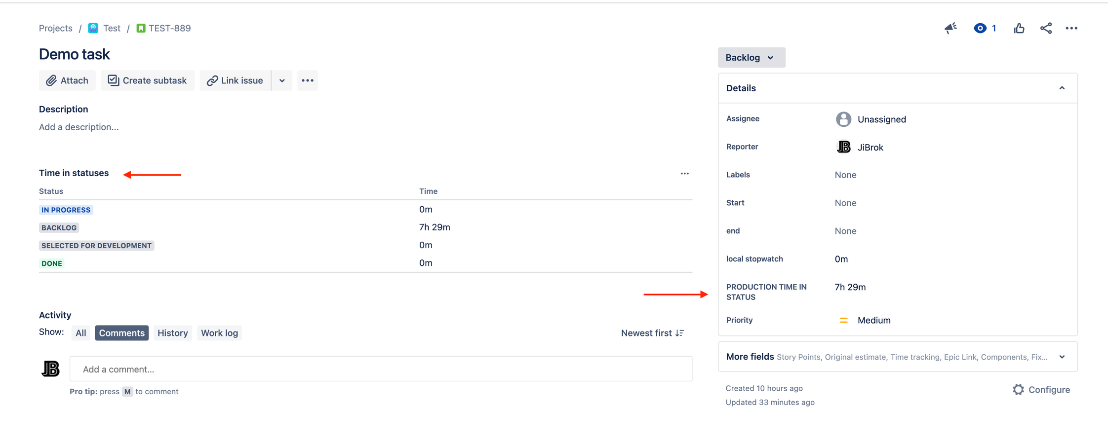 Time can be displayed in both fields and panels. Panels provide real-time updates and showcase detailed information. Fields are automatically updated and can be utilized in JQL queries and reports.