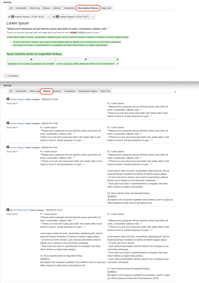 Comparing version 1 and version 2 diff with the regular History tab view
