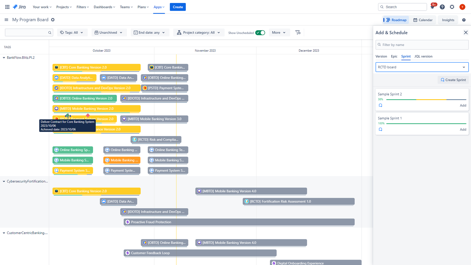 Build delivery roadmaps out of versions, epics, sprints or any JQL output. Drag and drop to schedule. Outline milestones to trace delivery status & progress. Organize by tags, projects, etc.