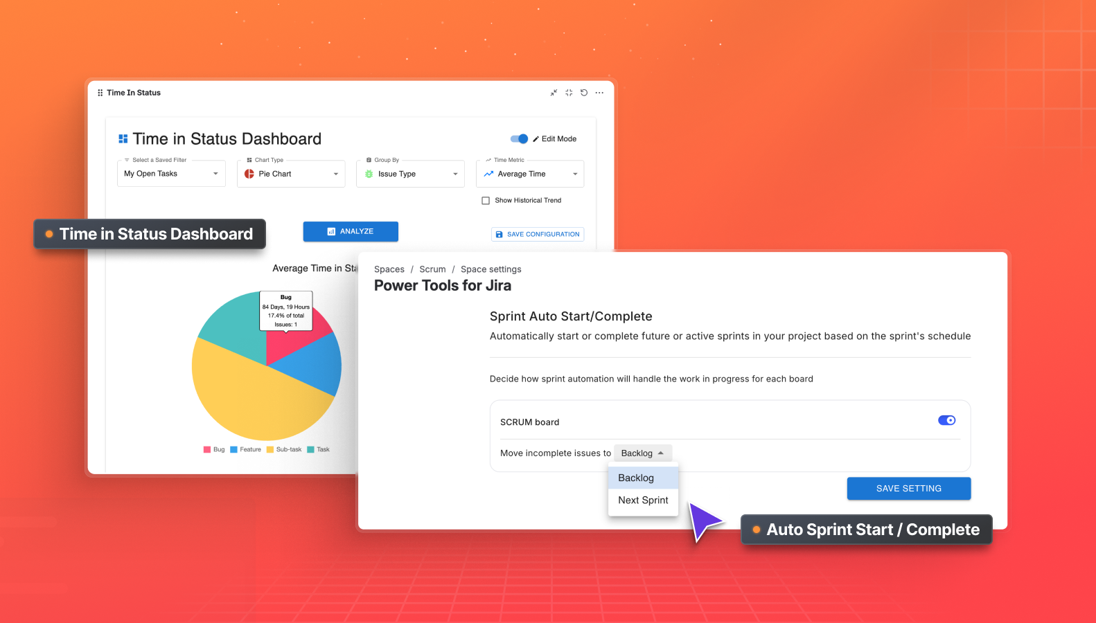 Simplify sprint management with auto-start and finish rules. Build detailed Time in Status dashboards to track how long issues stay in each phase, helping you eliminate delays and boost overall project performance.