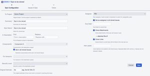 You decide. Change - Summary, Assignee, Epic Name, Original Estimate, Component(s), Due Date, Find & Replace Description, Fix Version(s), Security Level. Options to copy attachments, links, and add labels.