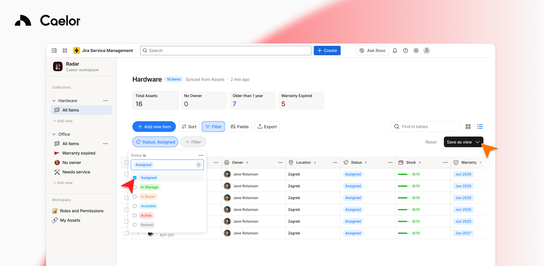 Filtering Hardware by status and saving the result as a new view.