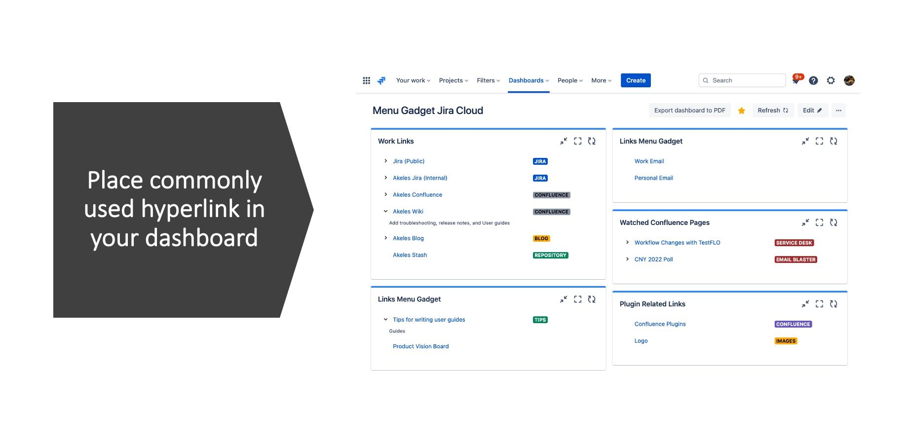 Place commonly used hyperlink in your dashboard