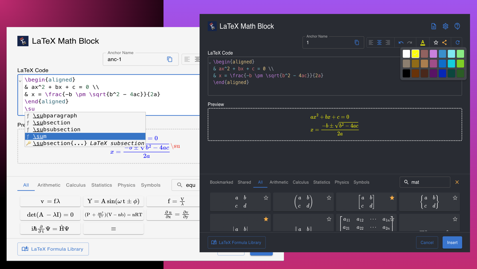 Write equations using a powerful editor with syntax highlighting, linting and autocomplete