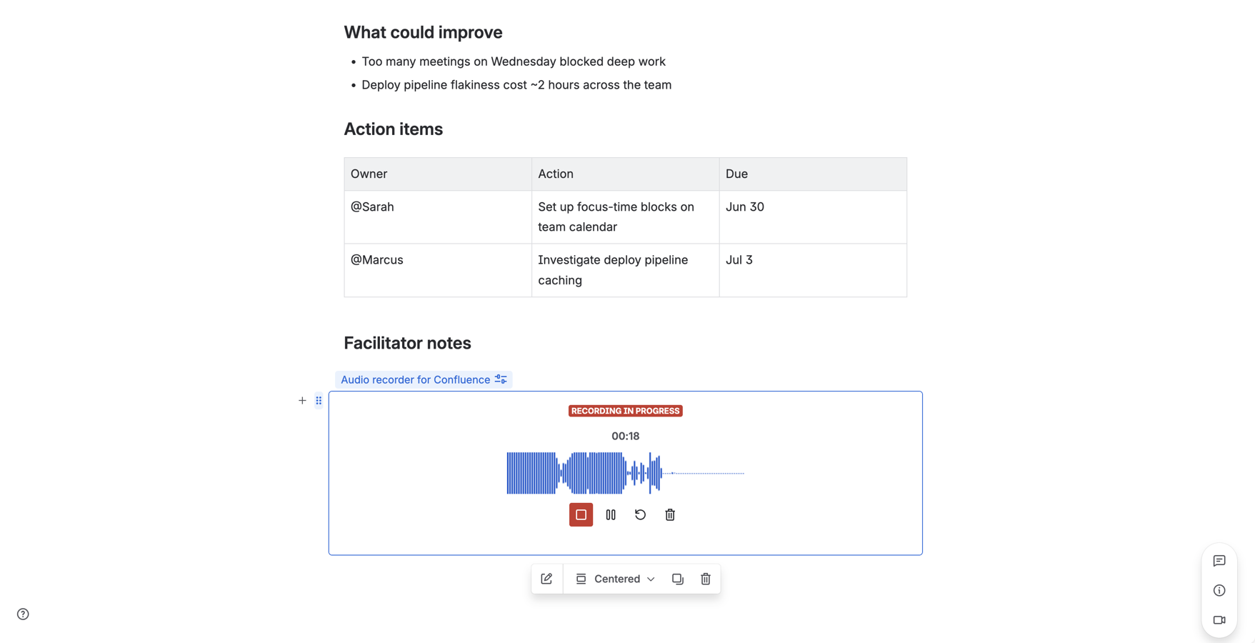 Audio Recorder on a Confluence page