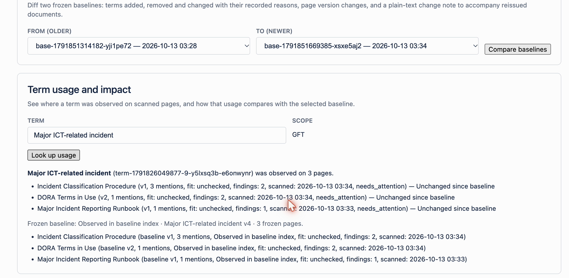 Term usage and impact: every Confluence page that uses the changed term, with versions and findings, compared with the frozen baseline.