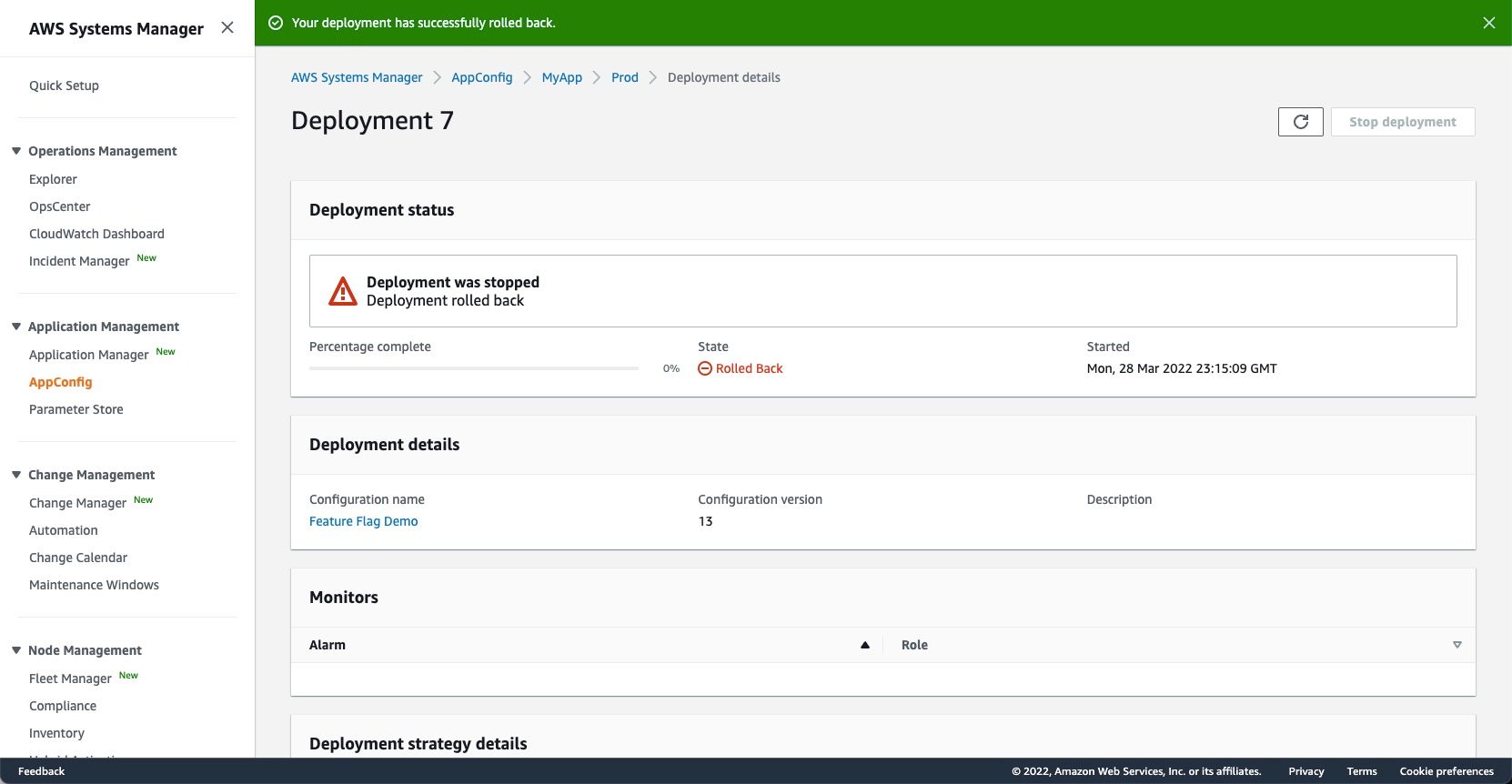 A CloudWatch alert can trigger an automatic rollback.