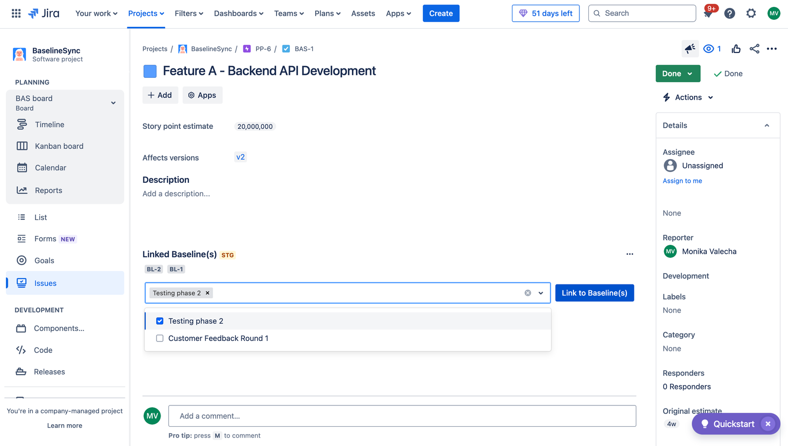 ​Link issues to one or multiple baselines directly from the issue page. Track their status, monitor changes across baselines, and gain full visibility into each issue’s progress within the project scope.