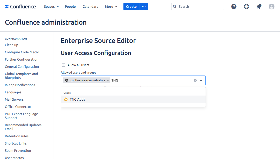 Confluence Administrators can restrict who can use the Source Editor on the app's administration page. The select automatically searches for matching users or groups for convenience.