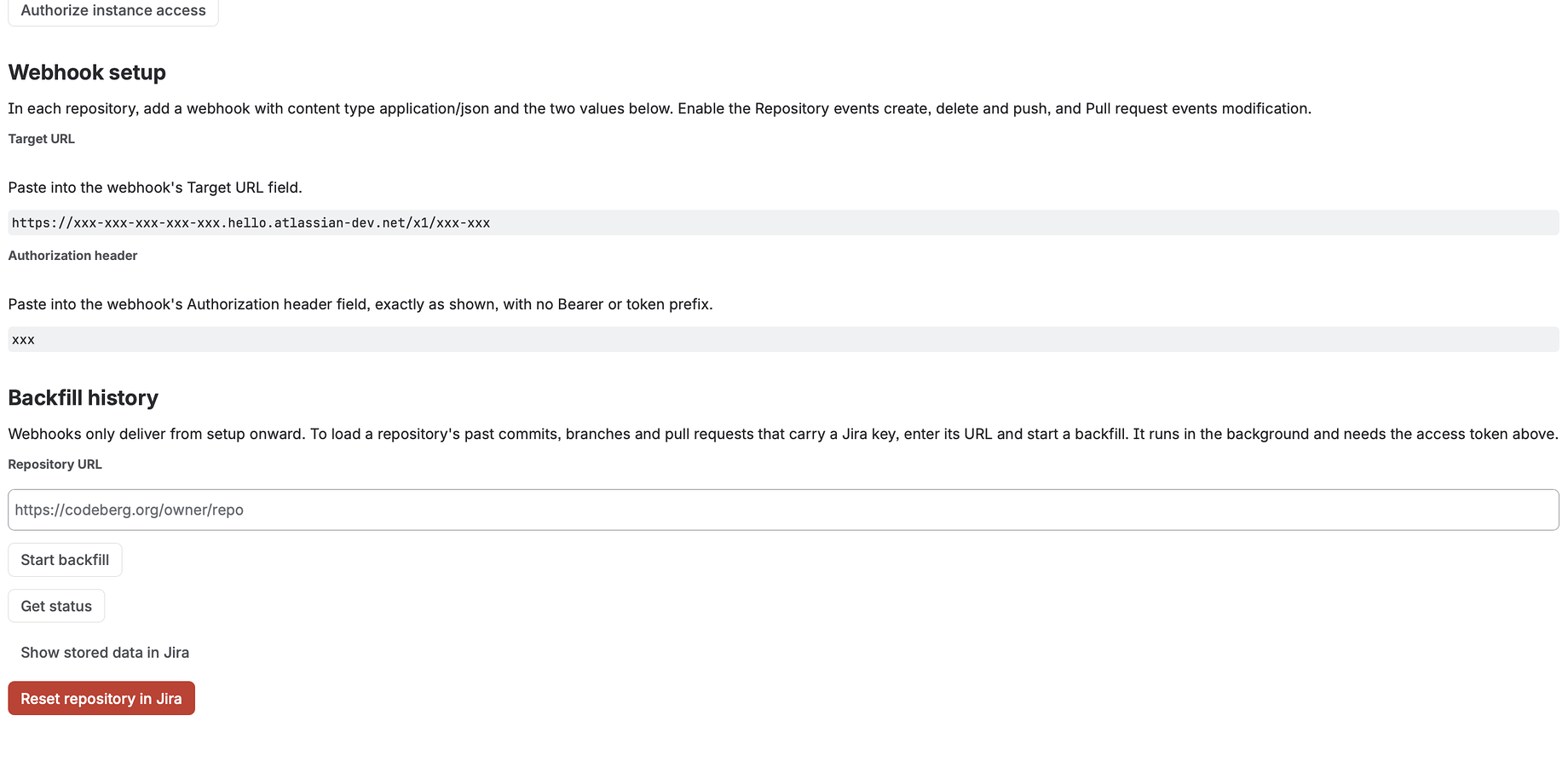 Paste one webhook URL and secret into your Forgejo or Codeberg repository. Optionally add a token to backfill past history. No self-hosted backend, no repo-admin access required.