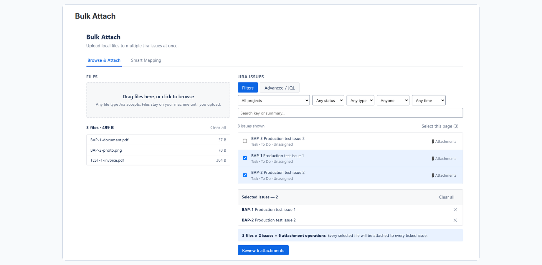 Select files and Jira issues, review the total attachment operations, then upload the complete batch