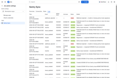 Sync log: every operation recorded with a specific message — including rejected webhooks