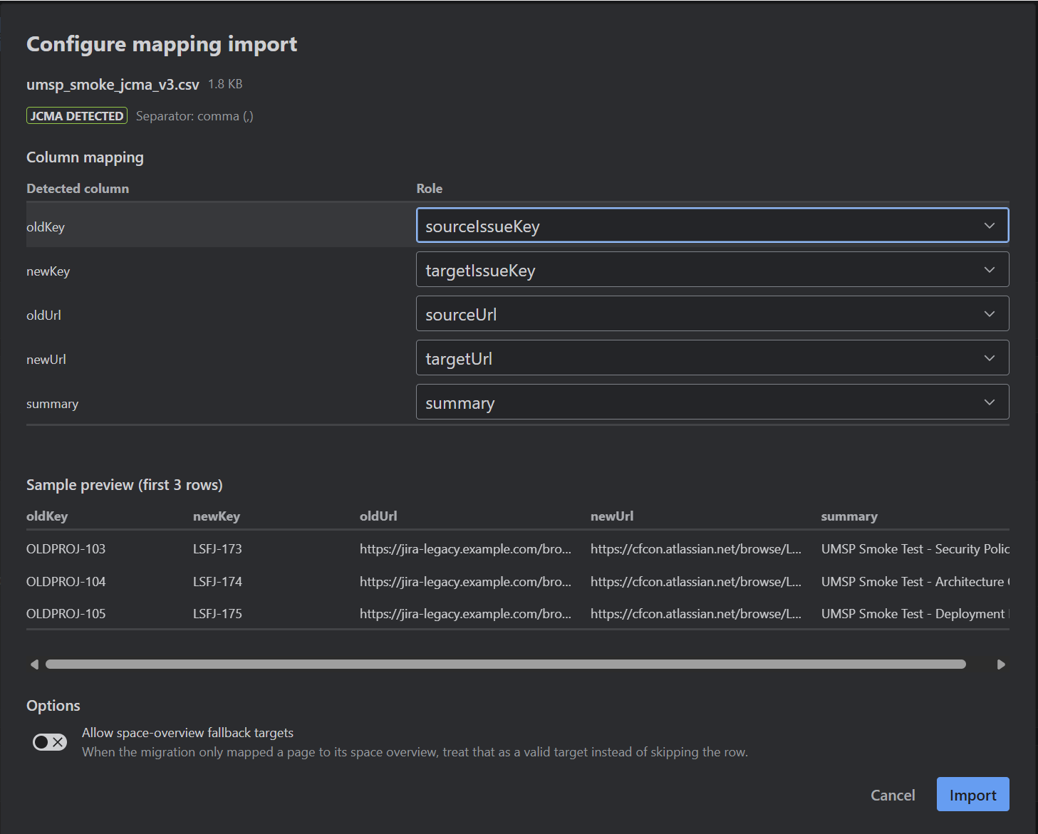 JCMA mapping import auto-detects column roles for source/target issue keys and URLs.