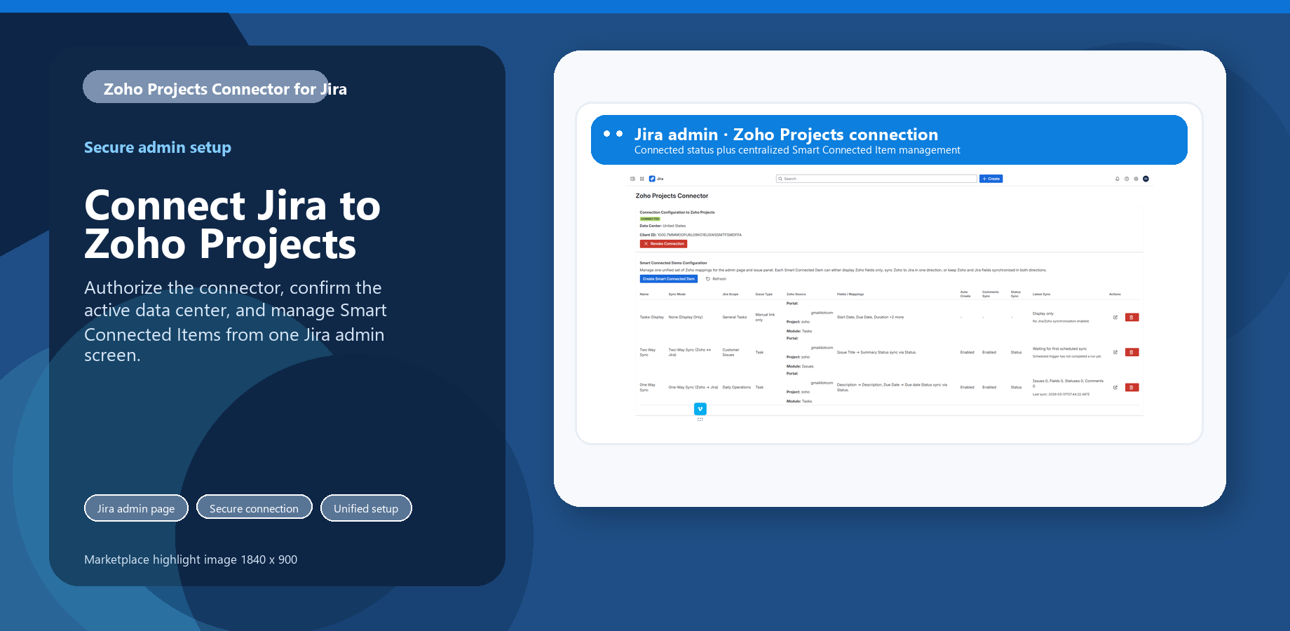 Jira admin view showing a live Zoho Projects connection plus Smart Connected Item configurations for display-only, one-way, and two-way sync.