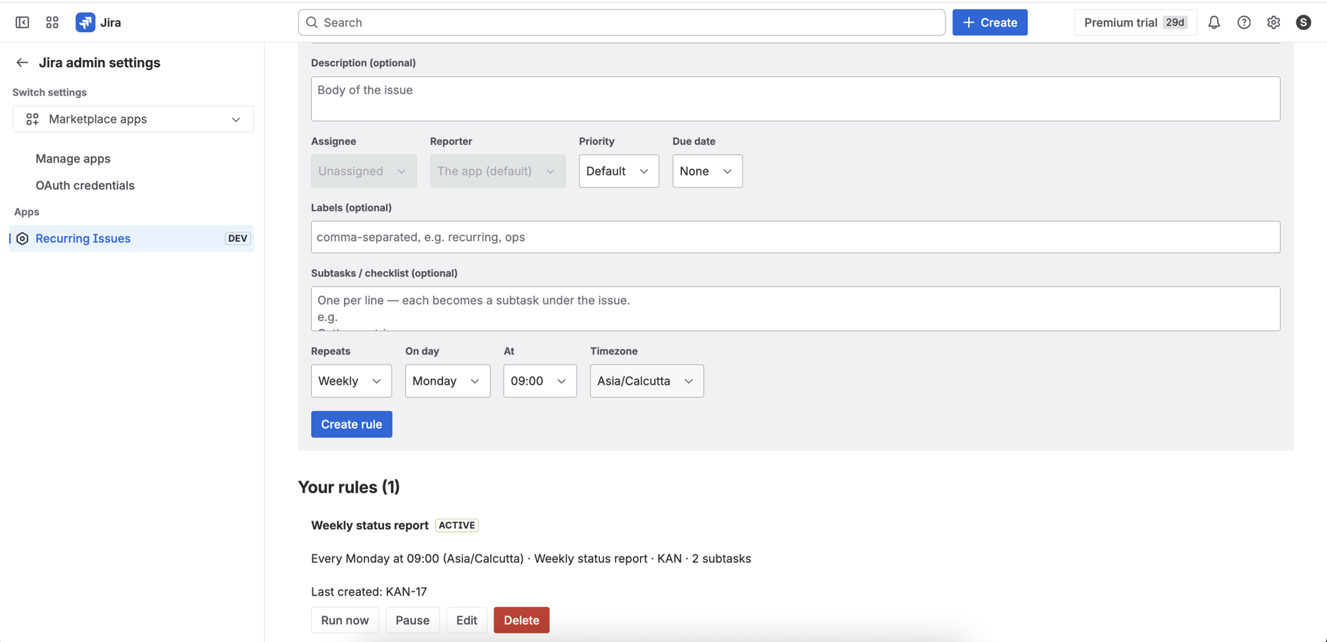 Your rules, each with its schedule, status and actions