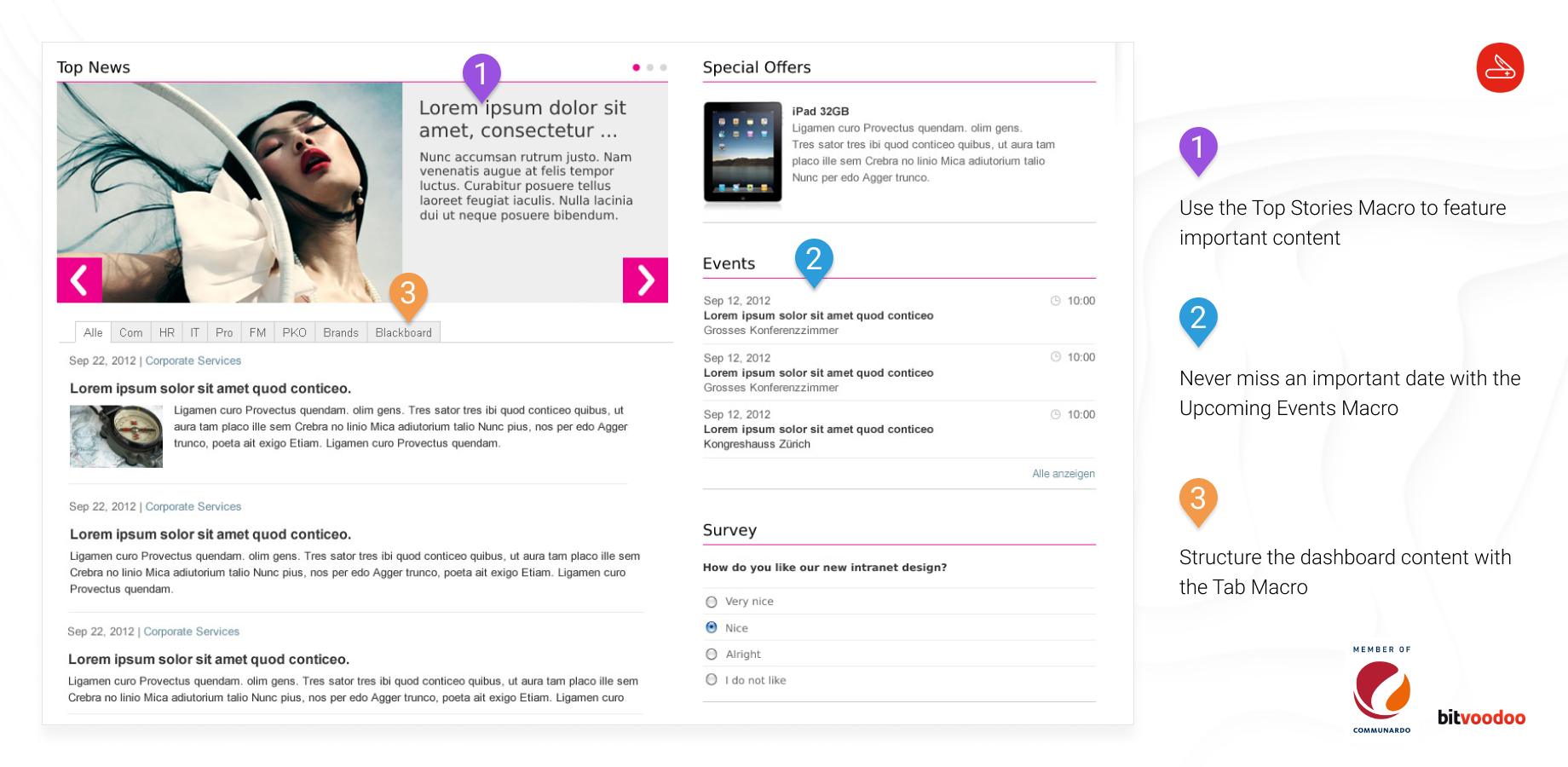 1) Use the Top Stories Macro to feature important content
2) Never miss an important date with the Upcoming Events Macro
3) Structure the dashboard content with the Tab Macro
