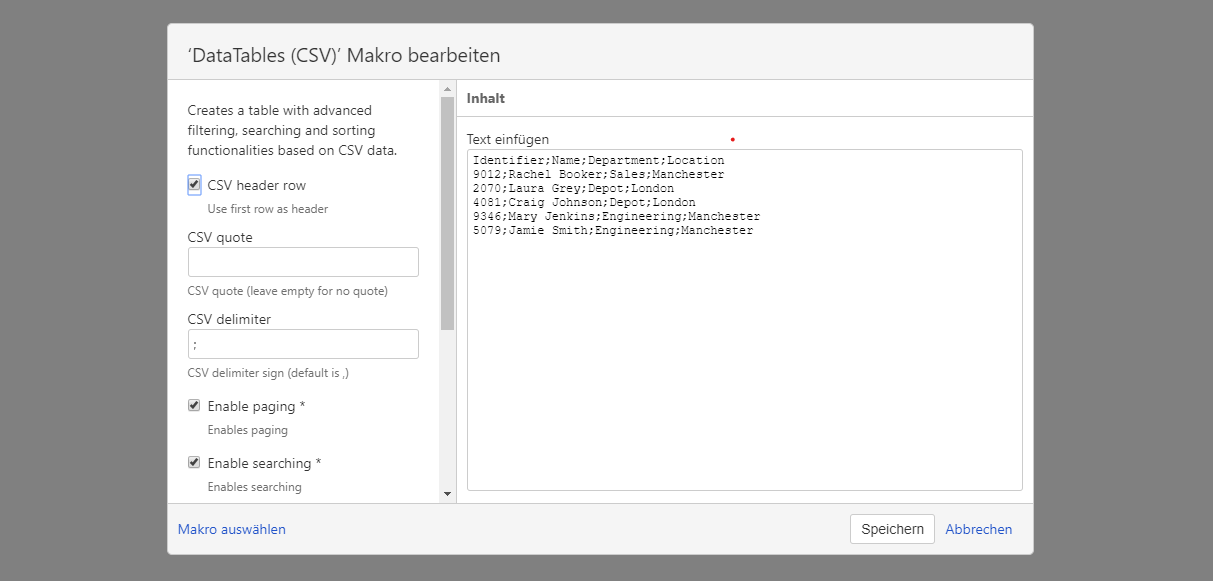 The Data Tables CSV macro converts CSV data into tables.