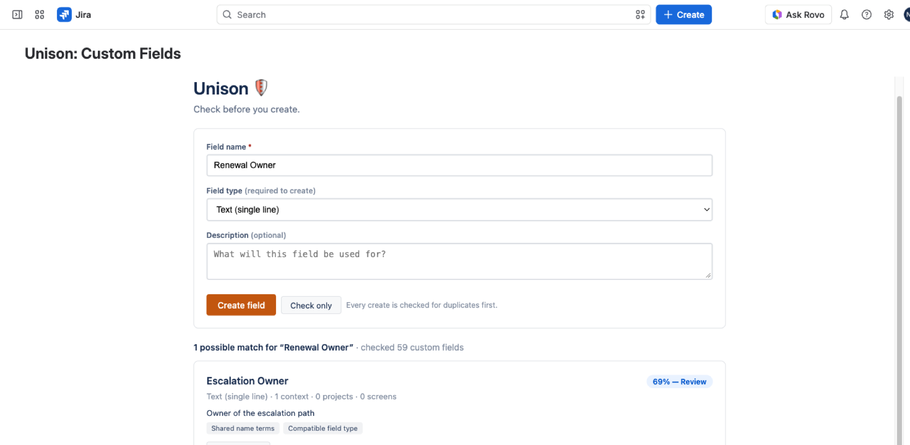 A clean duplicate check with the create form ready, showing type and description fields