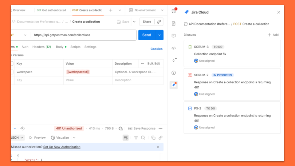 From the right sidebar in Postman, you can see all open Jira issues for requests or collections.