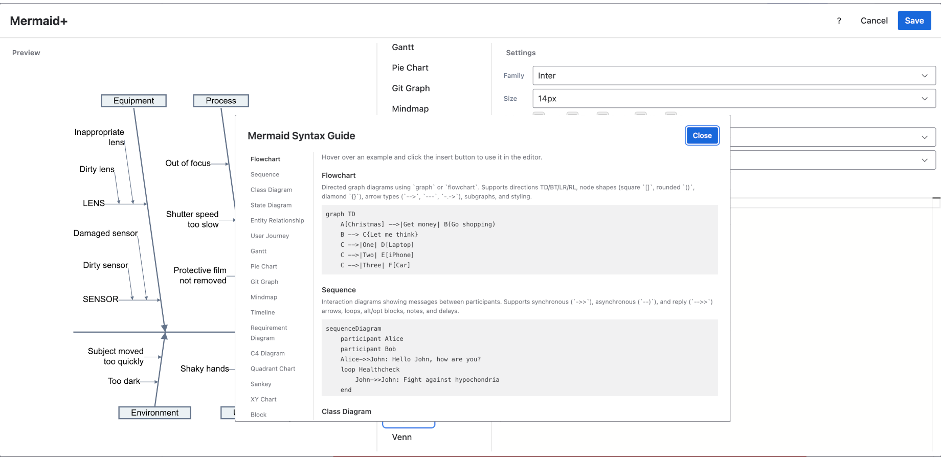 Sidebar navigation with 26 diagram types
Each entry includes a description and copyable code example
Hover over code blocks to reveal an "Insert into Editor" button
Inserts the template and closes the modal in one click