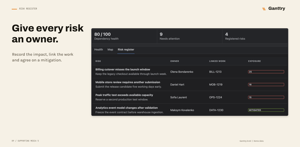 Risk register showing owners, linked Jira issues, exposure scores and mitigation notes.