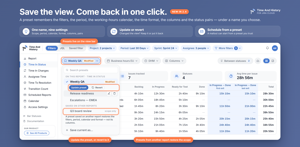 A preset remembers the view — filters, JQL or saved filter, period, working calendar, time format, columns and status pairs — under a name. Apply in one click, Update after a change, or Revert. Up to 50, private to you.
