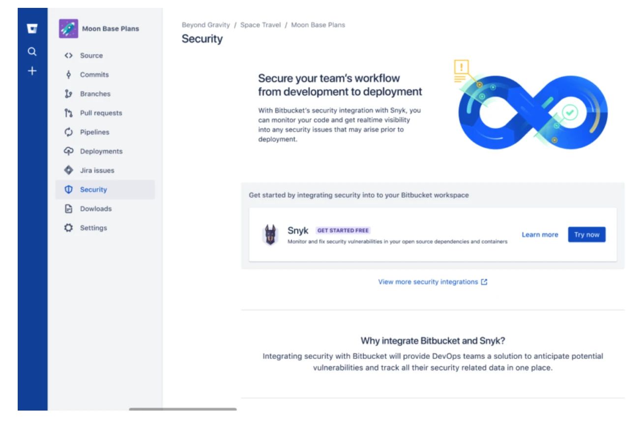 Open an existing Bitbucket repository or create a new one and navigate to the Security tab to install the Snyk integration. See risks that exist in your dependency files code base and container images.