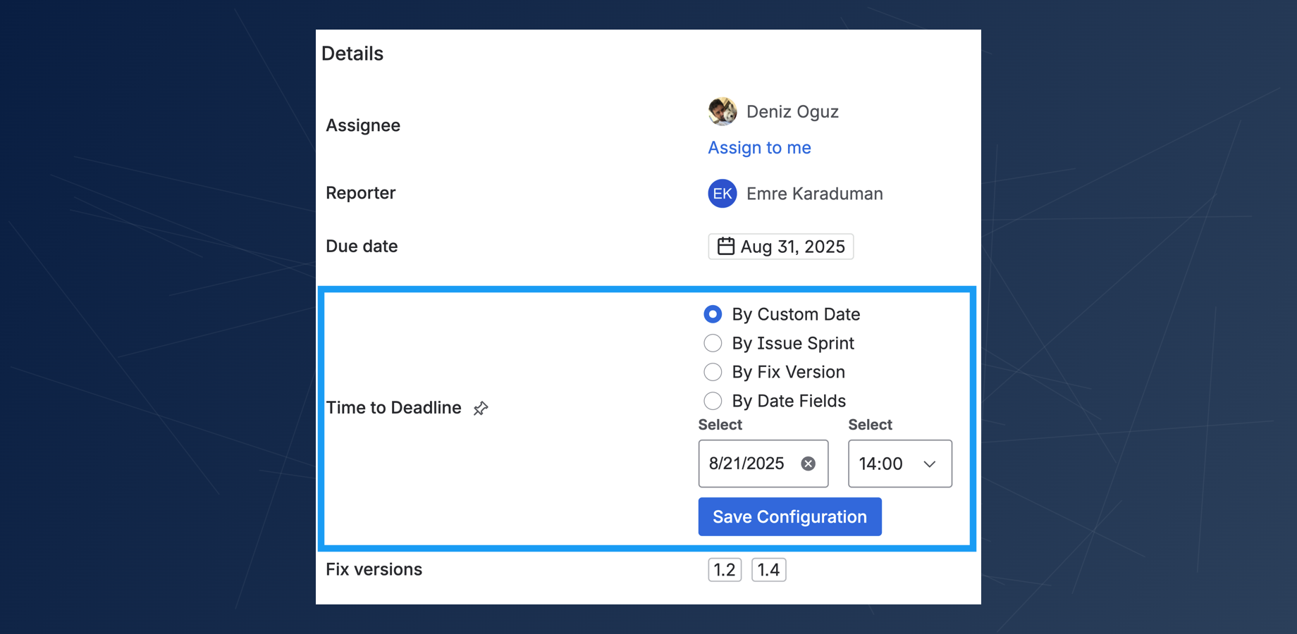 The configuration options for the "Time to Deadline" custom field, highlighting the different ways a deadline can be selected: "By Custom Date" is currently selected with a specific date and time set.