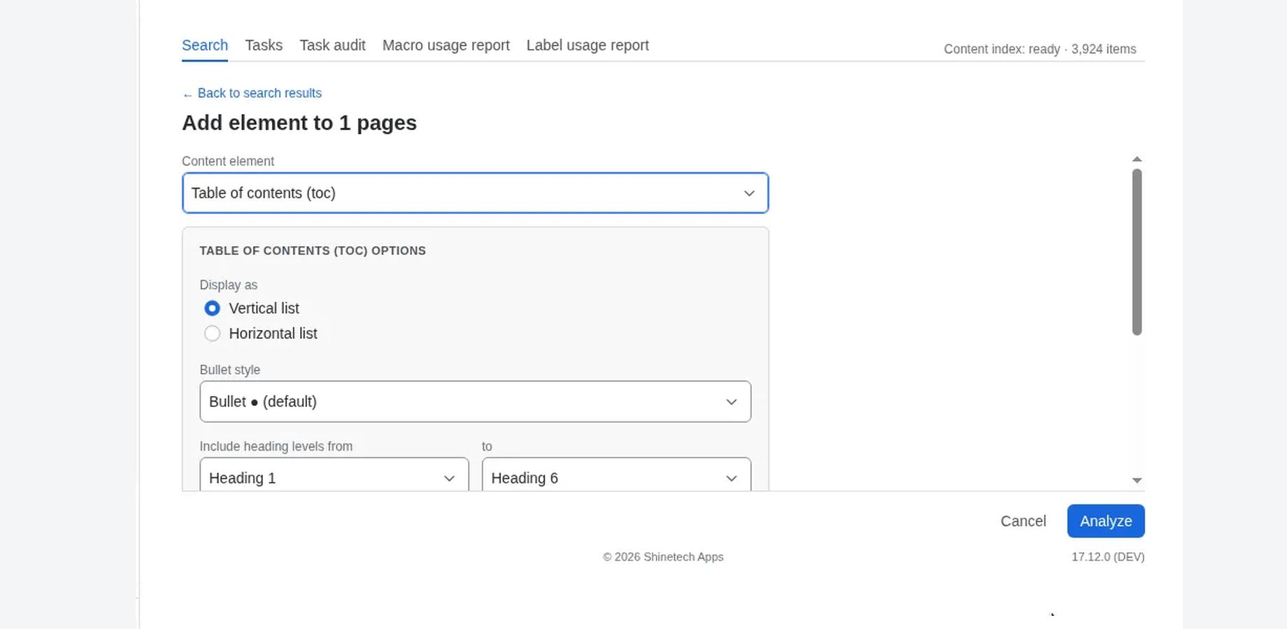 Add macro Table of contents (toc) with all parameters on UI