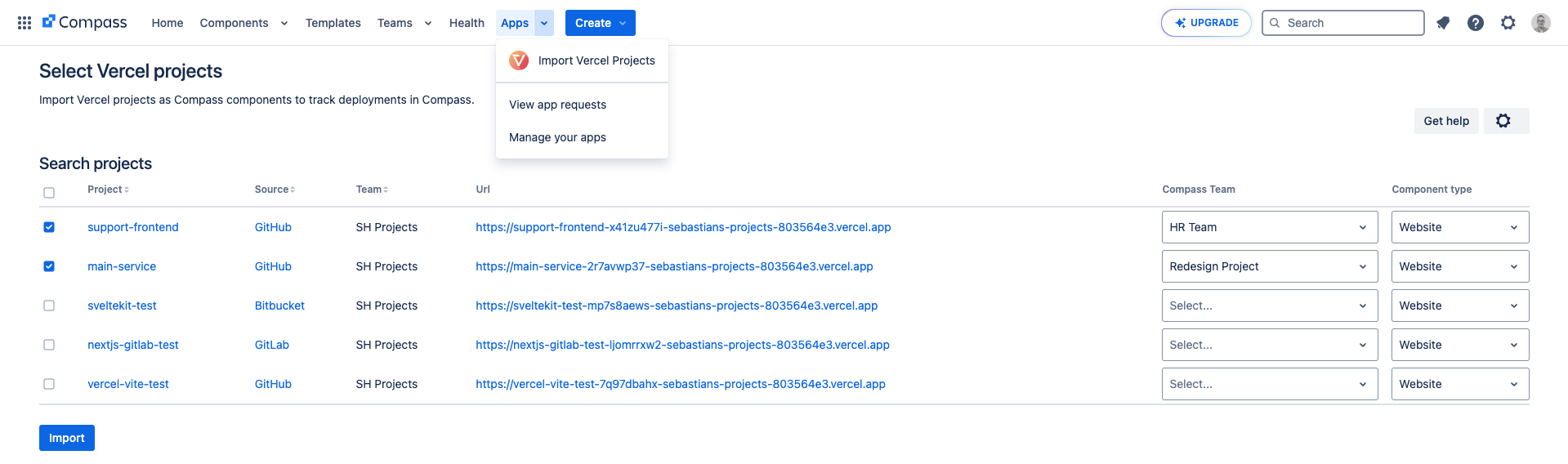 Import your Vercel projects