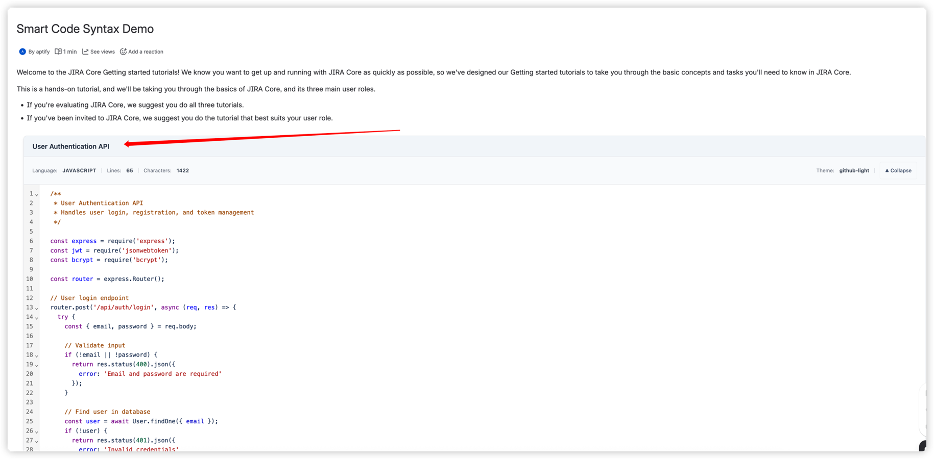 Published Confluence page showing a code block titled "User Authentication API" with metadata header displaying JavaScript, 65 lines, 1422 characters, github-light theme, and a Collapse button for toggling visibility.