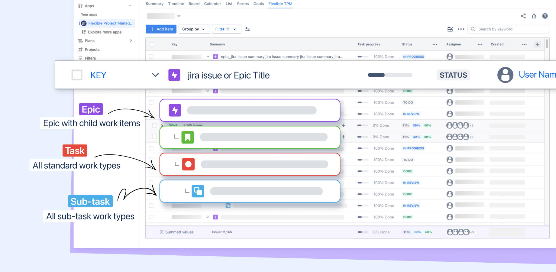 Manage your backlog in a familiar, intuitive table view. Instantly see all work at a glance, just like in Excel. Group, filter, and sort with ease to create views that match your workflow.
