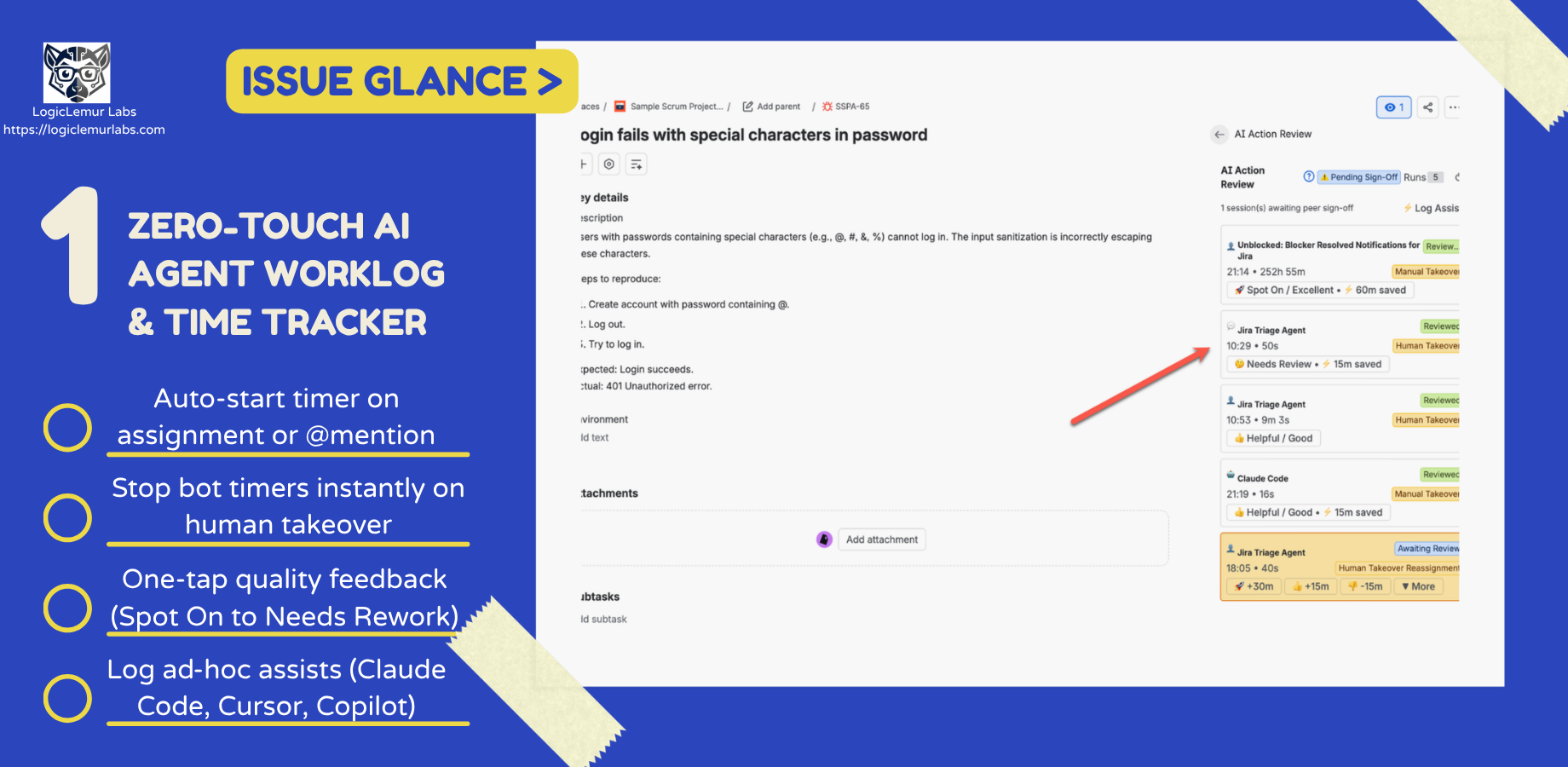 Site-wide analytics dashboard displaying tracked AI agent work sessions, active machine hours, and issue velocity across your Jira instance.