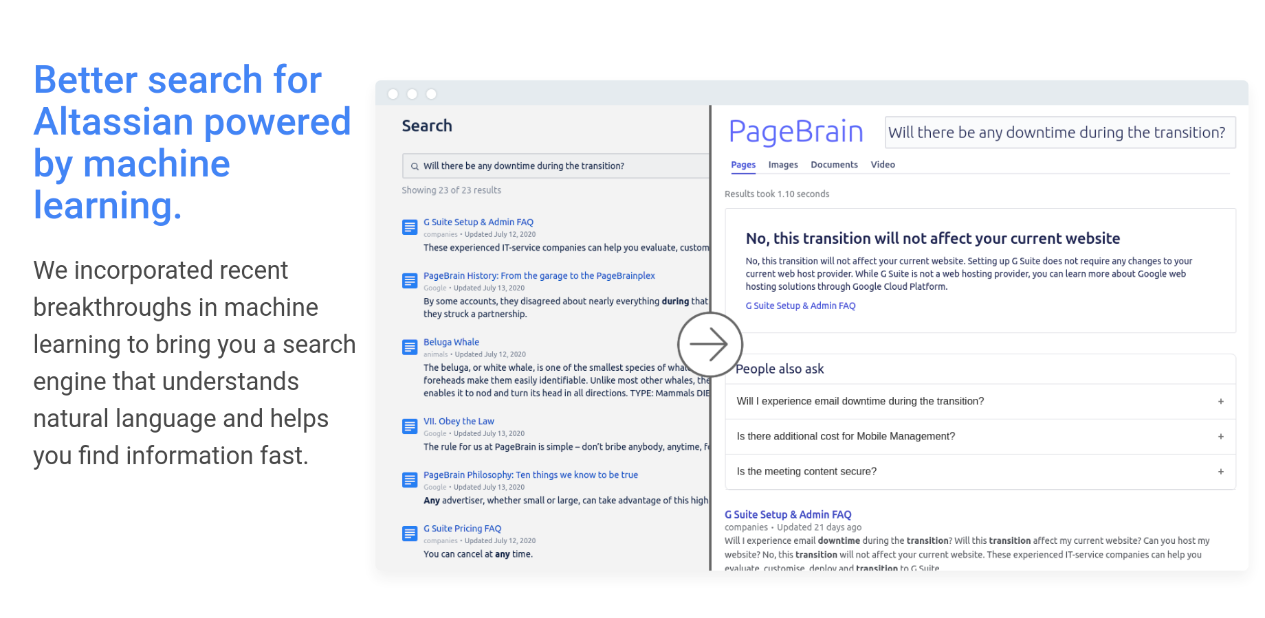 Find exact answers to your questions, not links! Use natural language questions to accurately search for the exact information you're looking for. Your search results get better over time too!