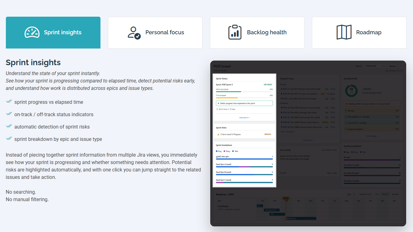 See your sprint progress vs elapsed time, detect risks automatically, and understand how work is distributed — all without switching between Jira views
