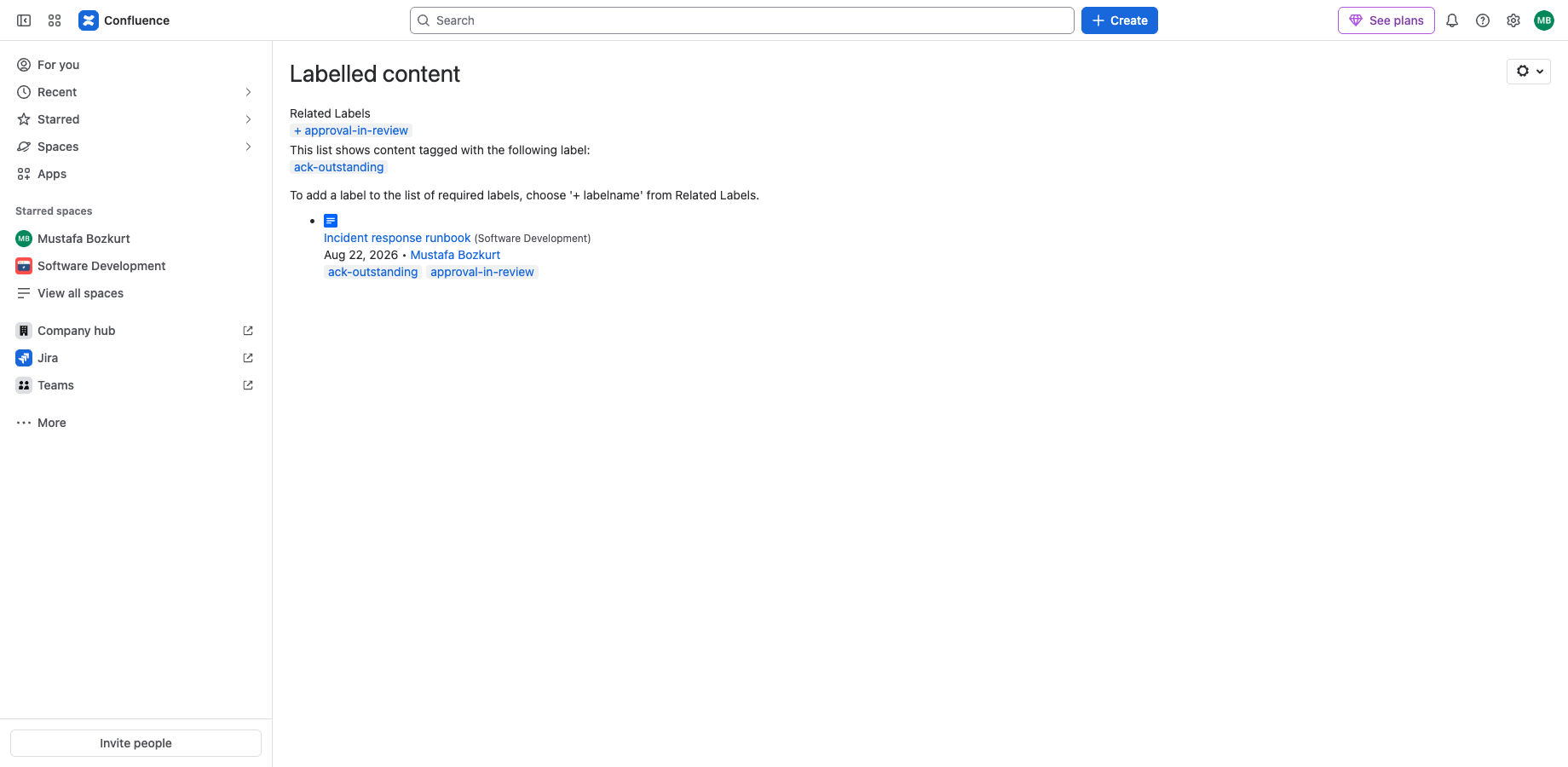 A label search listing the pages that still need acknowledging.