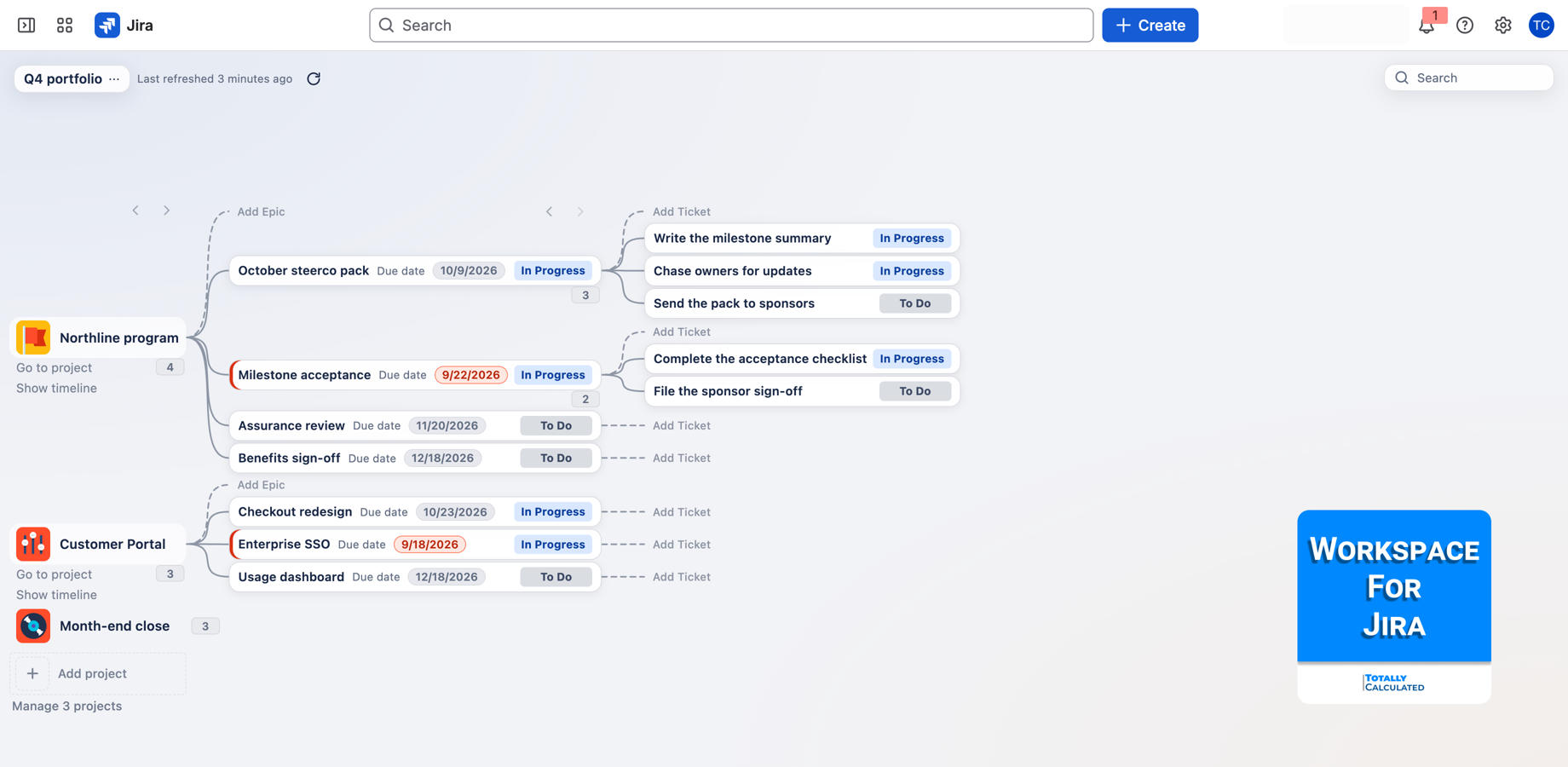 Projects sit as the roots of one tree. Epics and tasks line up in columns, with connectors showing which card belongs to which parent.