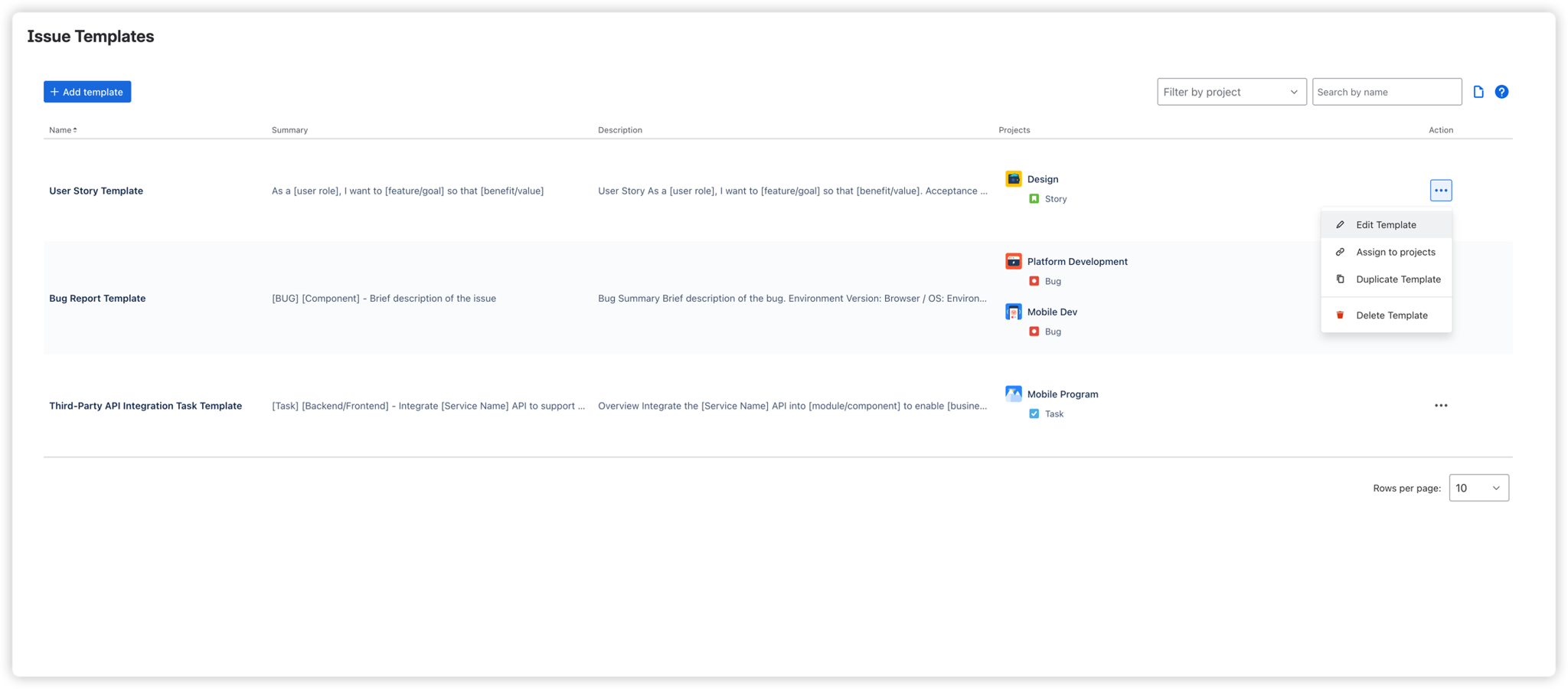 Manage existing templates with actions such as edit, assign, duplicate, and delete.