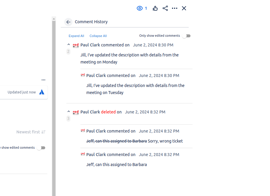 The history of a comment can also be viewed from the sidebar by clicking on "View Comment History" next to the "Comment History" label. This is exactly the same details as found in the comment history tab in activity