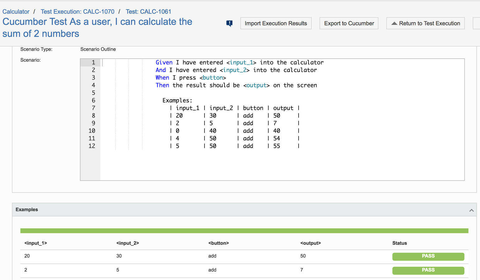 Execution details of a Cucumber Scenario Outline with per example status information, after being imported.