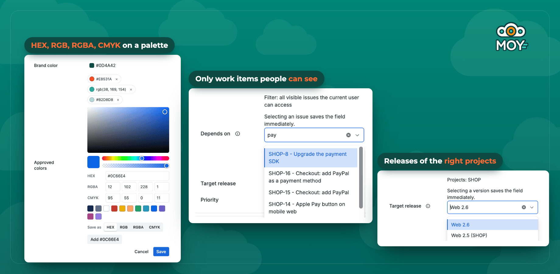 Multi Color open on its palette with HEX, RGBA and CMYK; Work Item Picker suggesting work items for "pay"; Version Picker listing the project's releases.